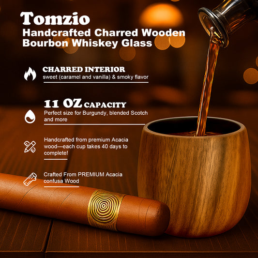 Charred Wooden Bourbon Drinking Glass Set, 11oz Handcrafted Premium Acacia Confusa Whiskey Tumbler, 4 Whiskey Stones & 2 Ice Ball Molds, Charred Old Fashioned Glass, Unique Gifts for Men,Dad,Brother