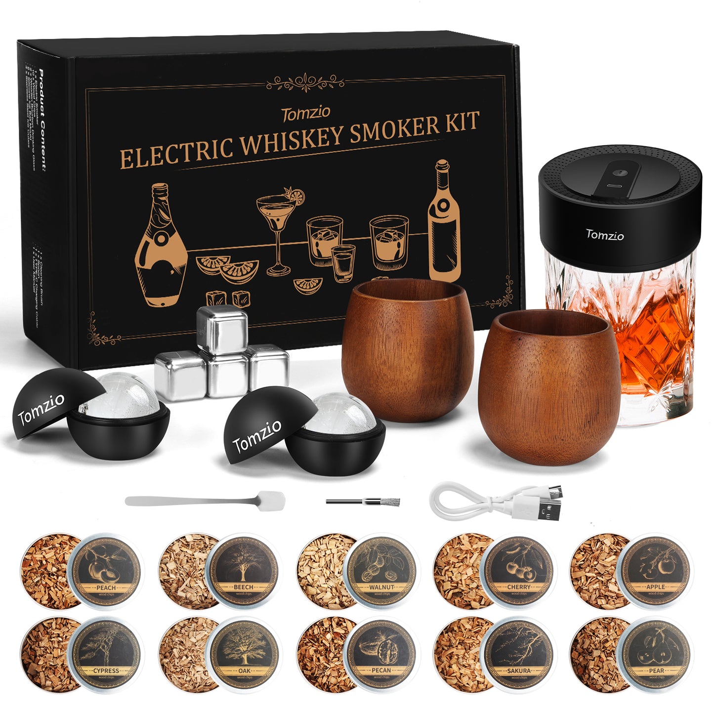 Electric Whiskey Smoker Kit with 10 Natural Wood Chips,Rechargeable Cocktail Smoker Kit with 2 Wooden Bourbon Whiskey Glasses,Reusable Food-Grade Stainless Steel Ice Cubes & Mold,Gift for Father's Day