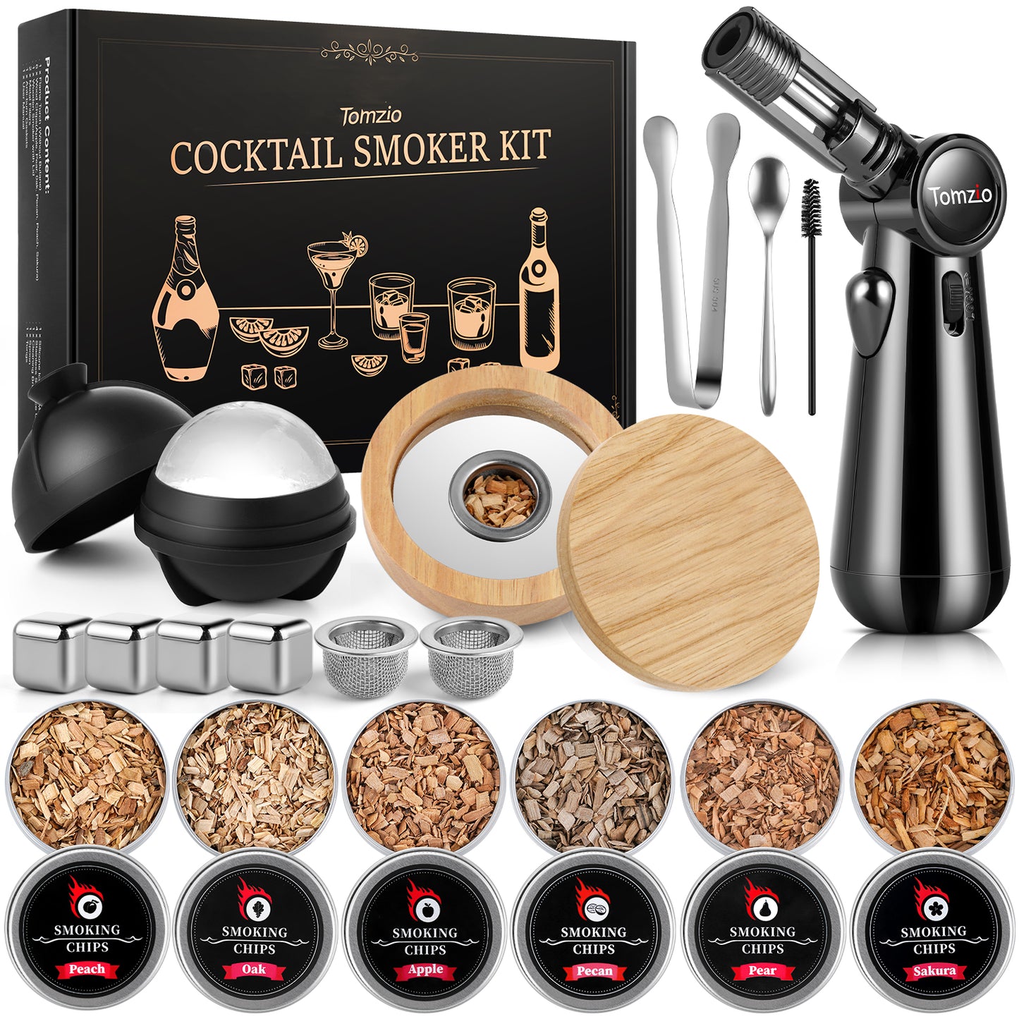 Whiskey Smoker Kit with Angle-Adjustable Metal Torch(No Butane) & 6 Natural Wood Chips,Anti-Burn Cocktail Smoker Set with Reusable Stainless Steel Ice Cubes & Mold,Bourbon Gift for Men