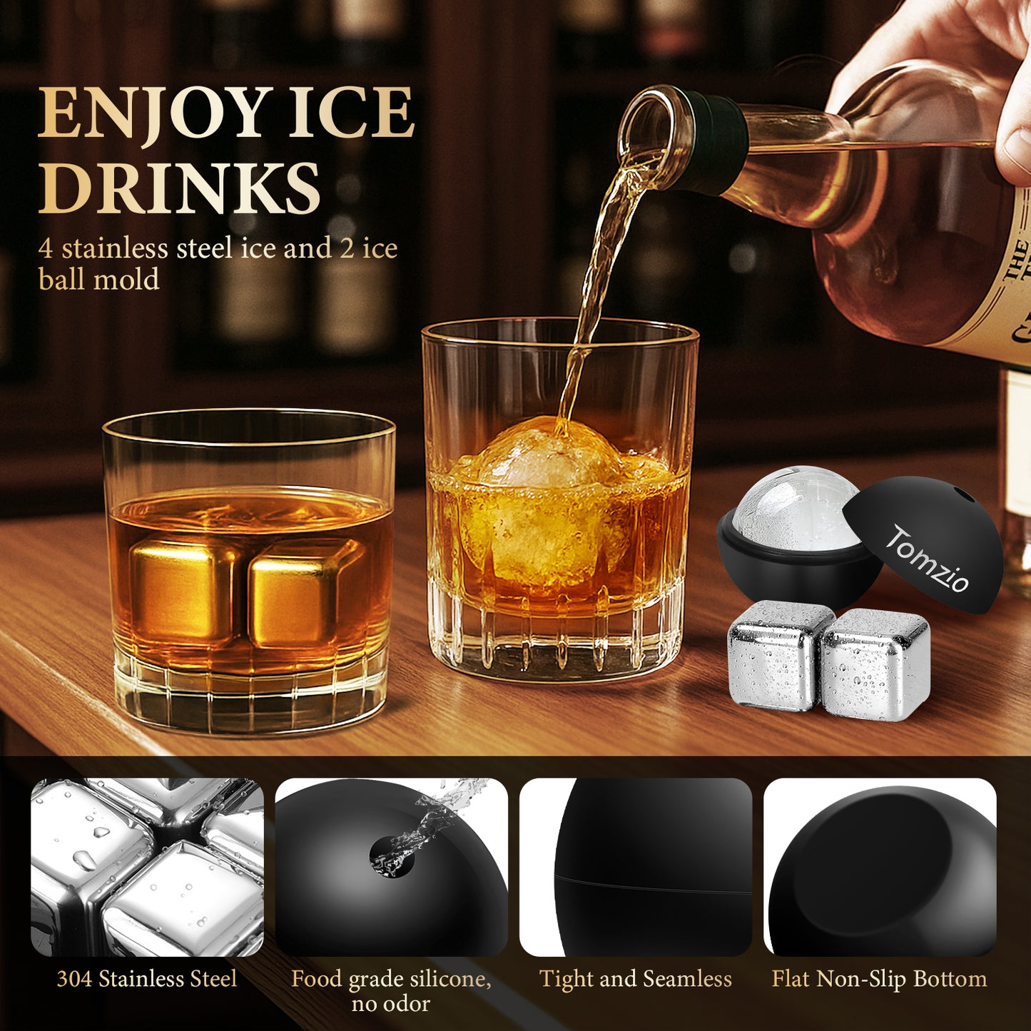 Electric Whiskey Smoker Kit with 7 Light Modes,Rechargeable Cocktail Smoker with 2 Wooden Bourbon Glasses,10 Natural Wood Chips,Food-Grade Stainless Steel Ice Cubes & Mold,Gift for Men, Dad, Husband