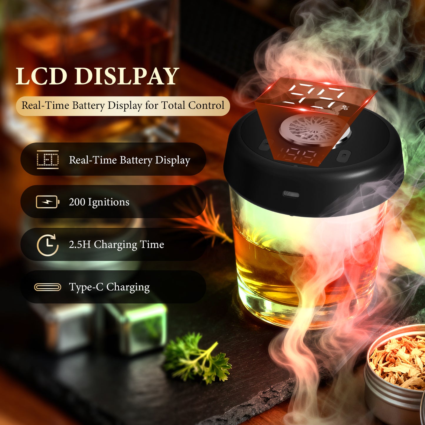 Electric Whiskey Smoker Kit with 7 Light Modes,Rechargeable Cocktail Smoker with 10 Natural Wood Chips,Food-Grade Stainless Steel Ice Cubes & Mold,Birthday Gift for Men, Dad, Husband