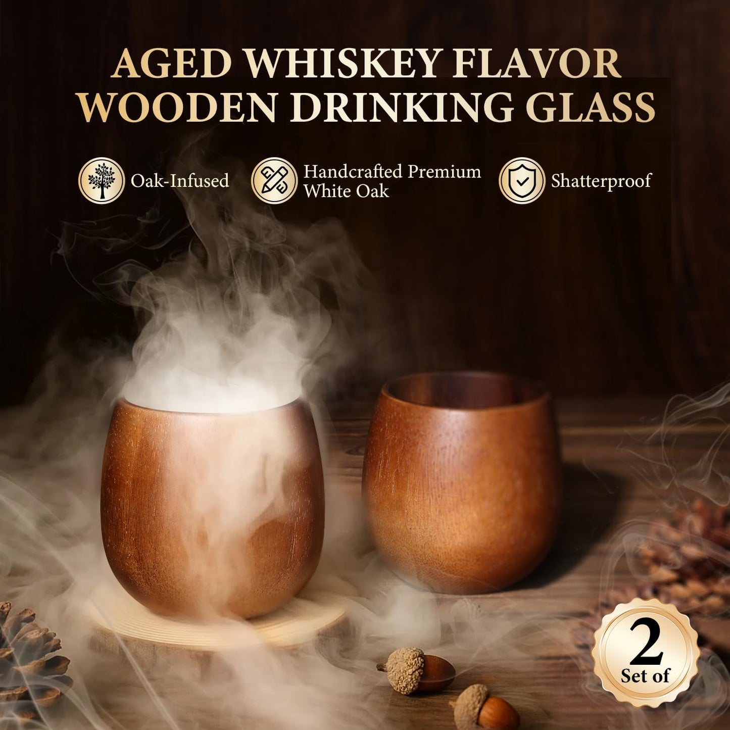 Electric Whiskey Smoker Kit with 10 Natural Wood Chips,Rechargeable Cocktail Smoker Kit with 2 Wooden Bourbon Whiskey Glasses,Reusable Food-Grade Stainless Steel Ice Cubes & Mold,Gift for Father's Day