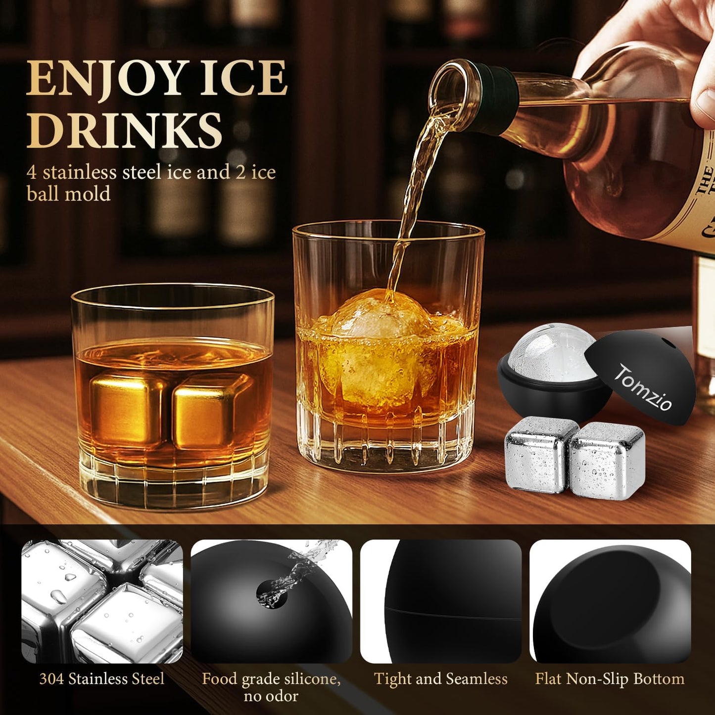 Electric Whiskey Smoker Kit with 10 Natural Wood Chips,Rechargeable Cocktail Smoker Kit with 2 Wooden Bourbon Whiskey Glasses,Reusable Food-Grade Stainless Steel Ice Cubes & Mold,Gift for Father's Day