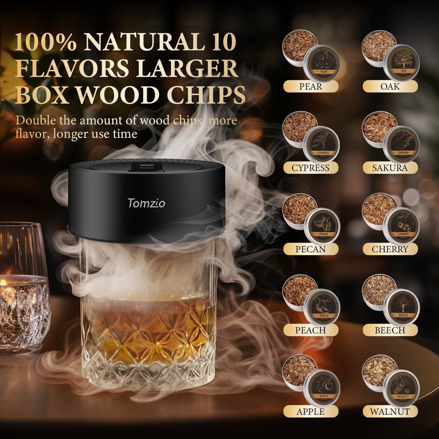 Electric Whiskey Smoker Kit with 10 Natural Wood Chips,Rechargeable Cocktail Smoker Kit with 2 Wooden Bourbon Whiskey Glasses,Reusable Food-Grade Stainless Steel Ice Cubes & Mold,Gift for Father's Day