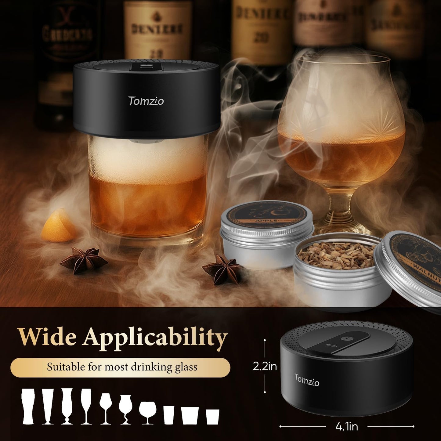 Electric Whiskey Smoker Kit with 10 Natural Wood Chips,Rechargeable Cocktail Smoker Kit with 2 Wooden Bourbon Whiskey Glasses,Reusable Food-Grade Stainless Steel Ice Cubes & Mold,Gift for Father's Day
