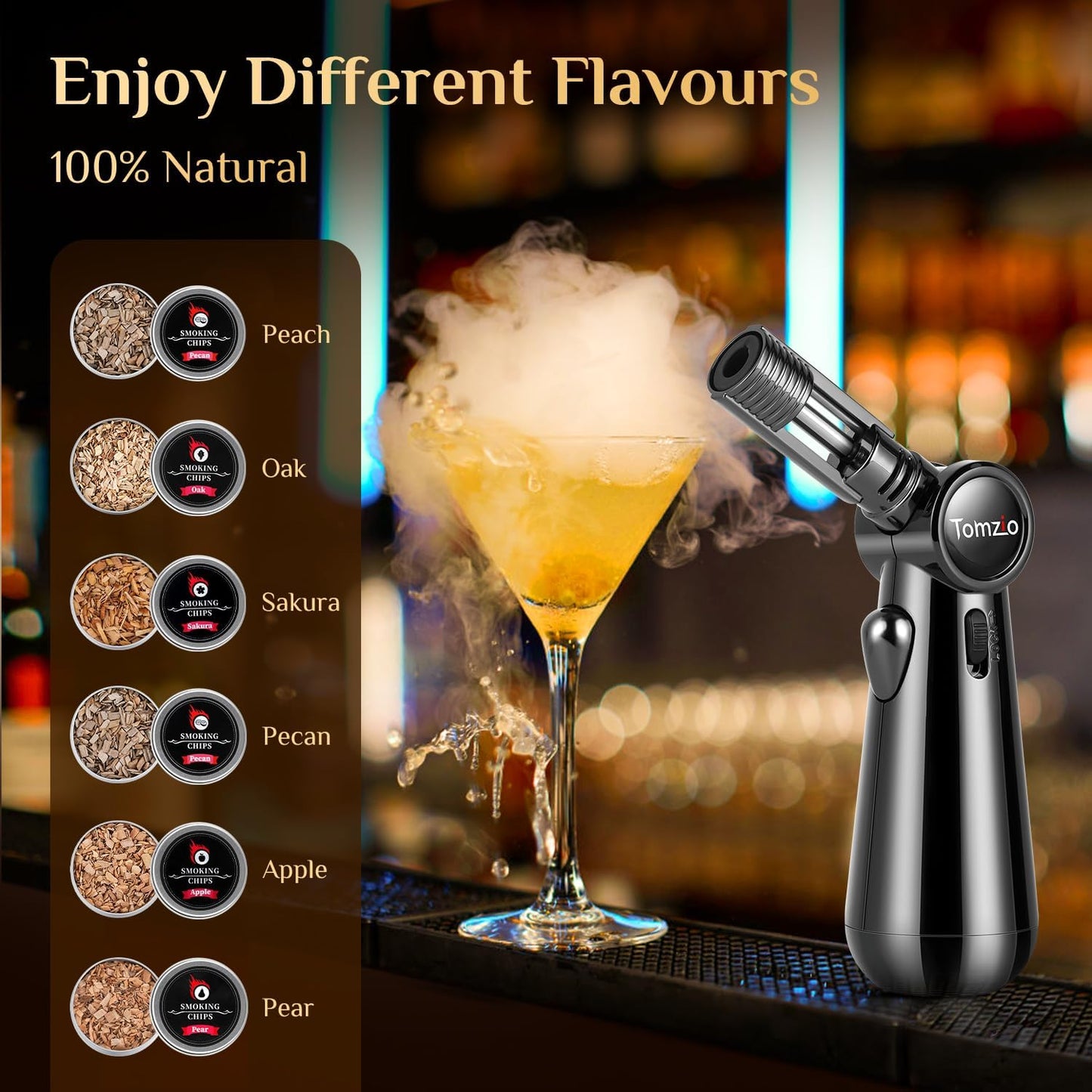 Whiskey Smoker Kit with Angle-Adjustable Metal Torch(No Butane) & 6 Natural Wood Chips,Anti-Burn Cocktail Smoker Set with Reusable Stainless Steel Ice Cubes & Mold,Bourbon Gift for Men