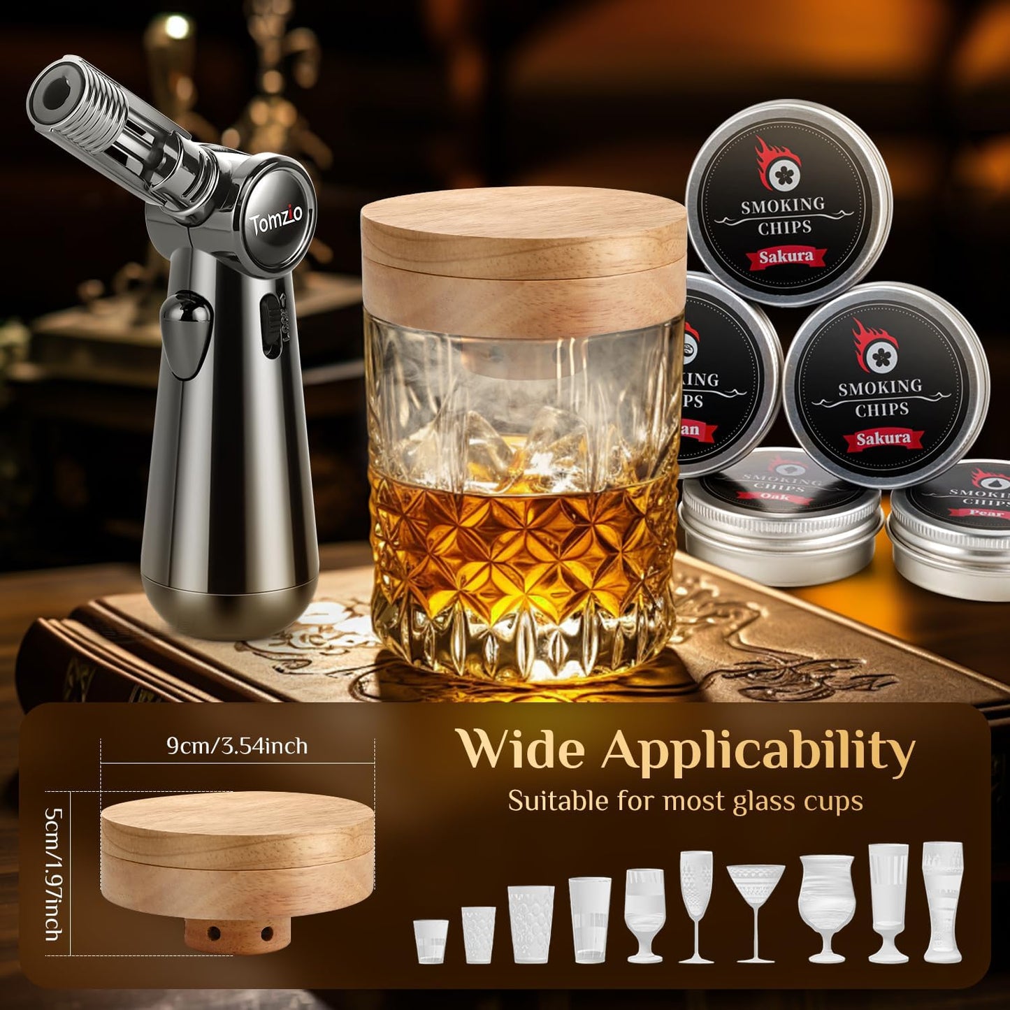 Whiskey Smoker Kit with Angle-Adjustable Metal Torch(No Butane) & 6 Natural Wood Chips,Anti-Burn Cocktail Smoker Set with Reusable Stainless Steel Ice Cubes & Mold,Bourbon Gift for Men