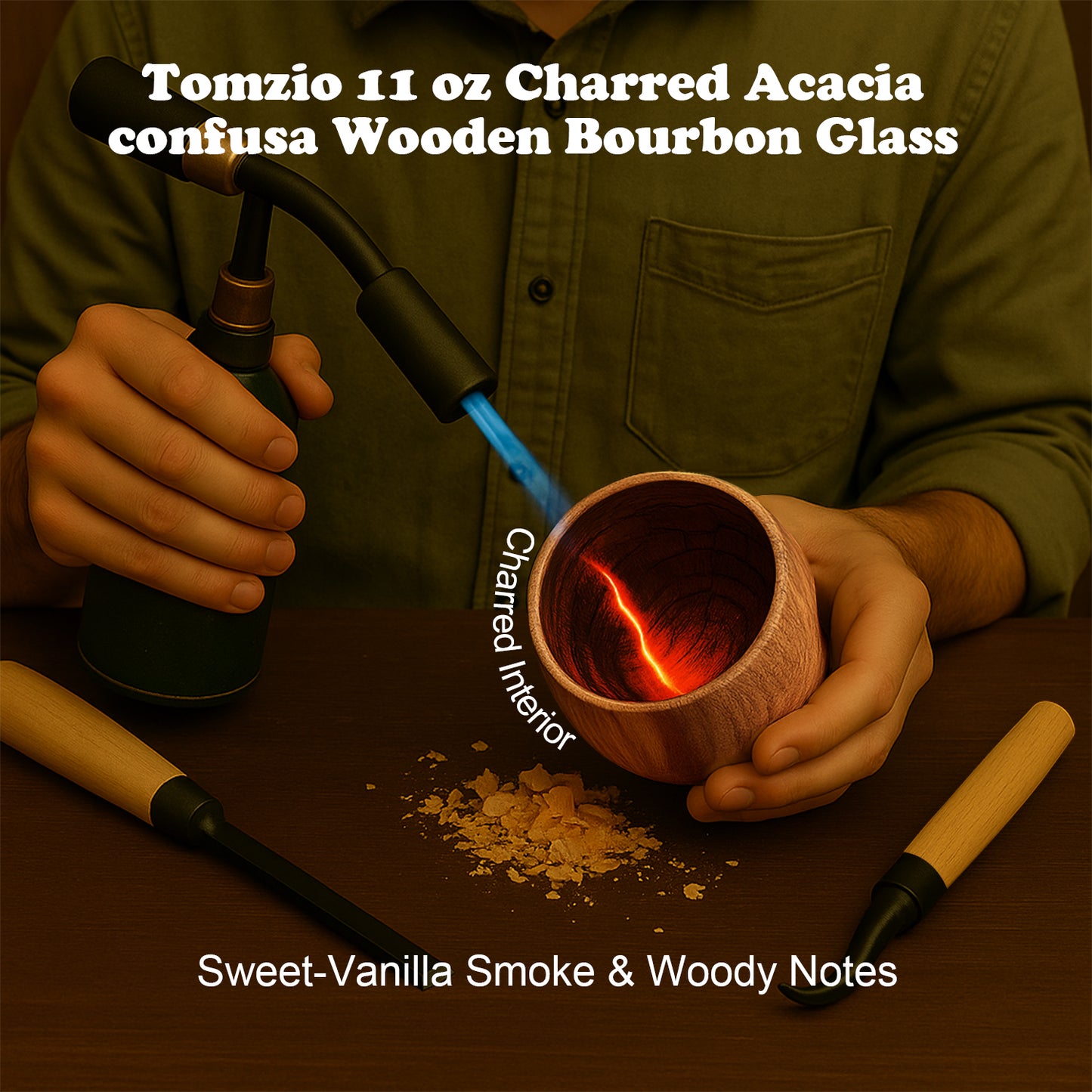 Charred Wooden Bourbon Drinking Glass Set, 11oz Handcrafted Premium Acacia Confusa Whiskey Tumbler, 4 Whiskey Stones & 2 Ice Ball Molds, Charred Old Fashioned Glass, Unique Gifts for Men,Dad,Brother