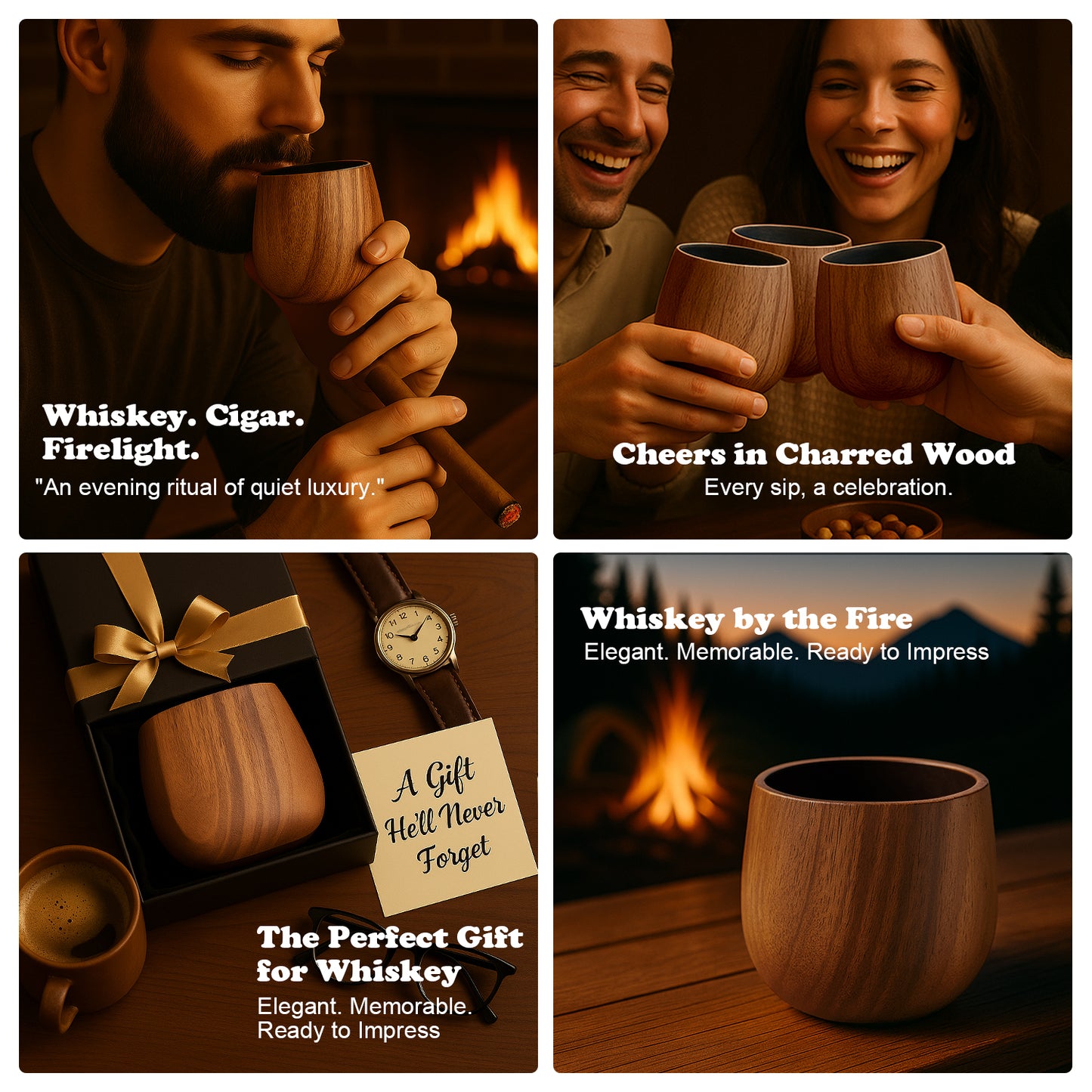 Charred Wooden Bourbon Drinking Glass Set, 11oz Handcrafted Premium Acacia Confusa Whiskey Tumbler, 4 Whiskey Stones & 2 Ice Ball Molds, Charred Old Fashioned Glass, Unique Gifts for Men,Dad,Brother