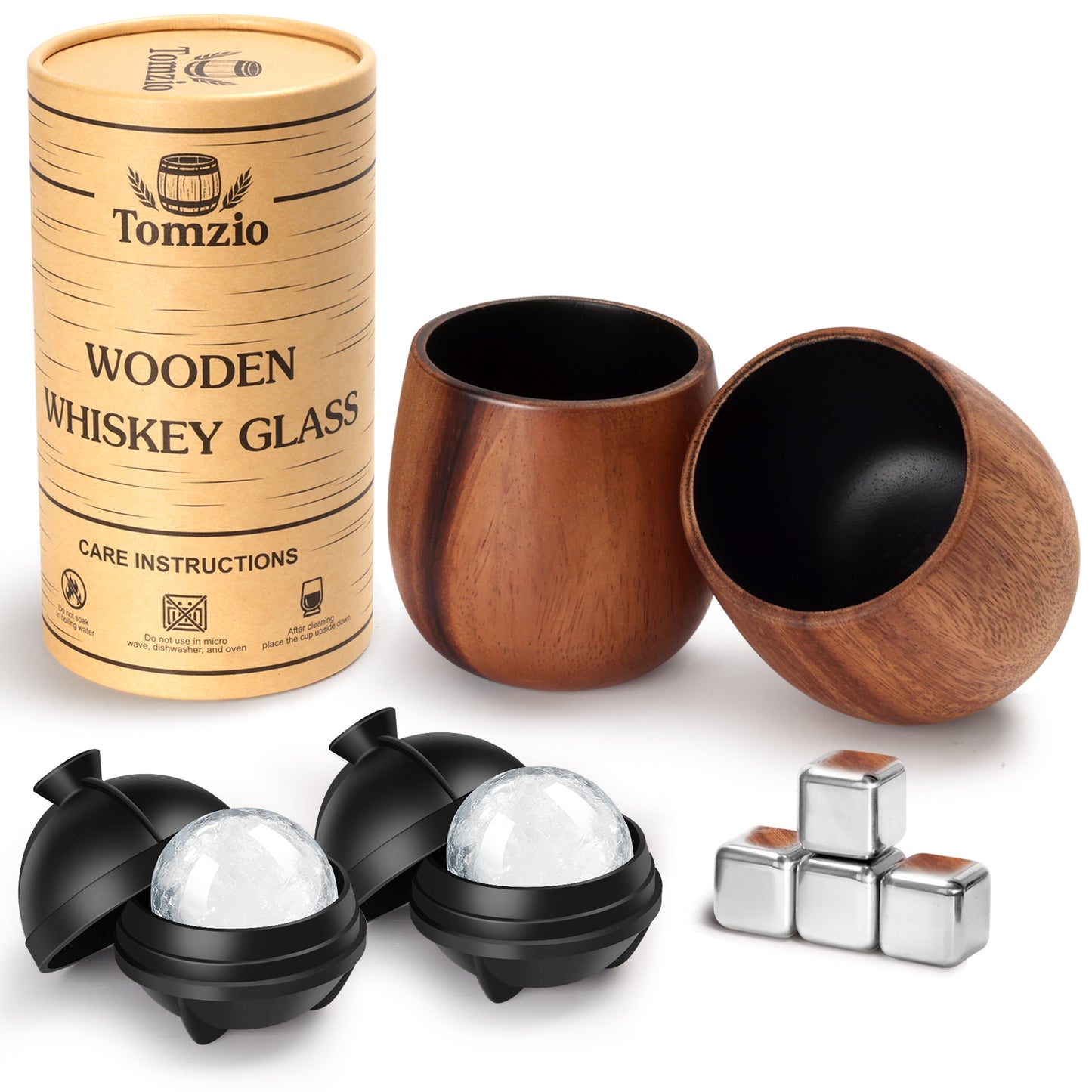 Charred Wooden Bourbon Drinking Glass Set, 11oz Handcrafted Premium Acacia Confusa Whiskey Tumbler, 4 Whiskey Stones & 2 Ice Ball Molds, Charred Old Fashioned Glass, Unique Gifts for Men,Dad,Brother