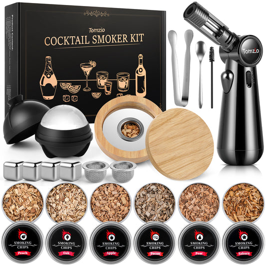 Whiskey Smoker Kit with Angle-Adjustable Metal Torch(No Butane) & 6 Natural Wood Chips,Anti-Burn Cocktail Smoker Set with Reusable Stainless Steel Ice Cubes & Mold,Bourbon Gift for Men