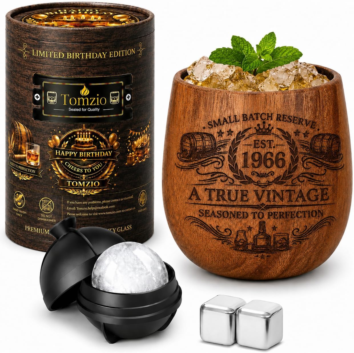 60th Birthday Gifts for Men, Charred Wooden Whiskey Glass Gift Set for Him Dad Husband, Vintage 1966 Birthday Gift with Ice Ball Mold & Whiskey Stones, Unique 60 Year Anniversary Keepsake