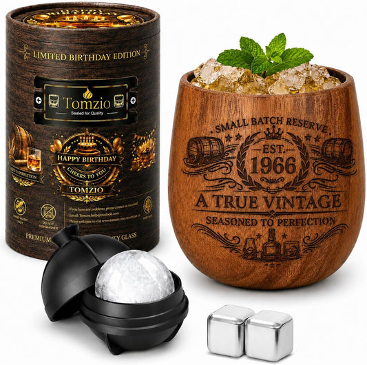 60th Birthday Gifts for Men, Charred Wooden Whiskey Glass Gift Set for Him Dad Husband, Vintage 1966 Birthday Gift with Ice Ball Mold & Whiskey Stones, Unique 60 Year Anniversary Keepsake