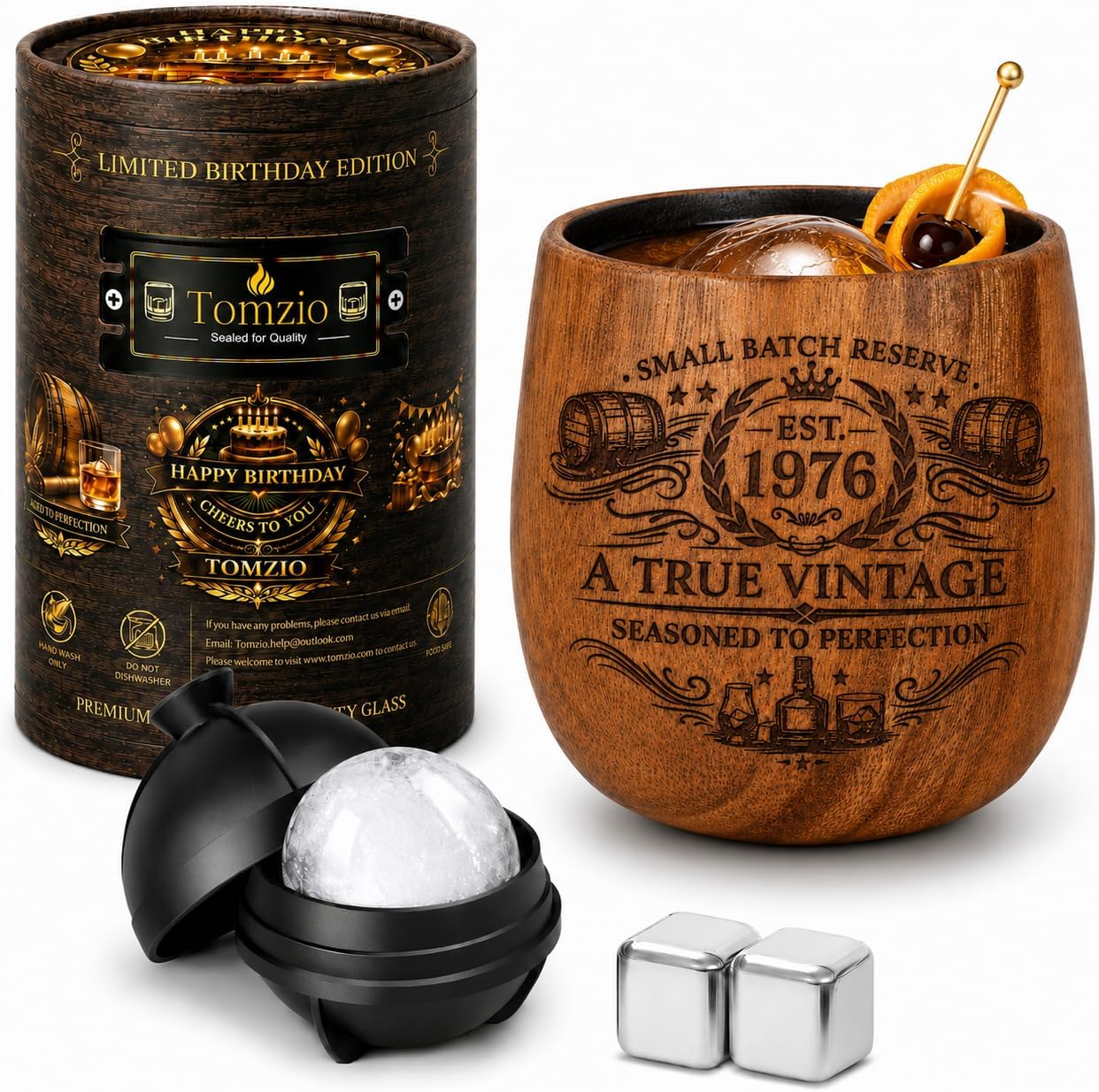 50th Birthday Gifts for Men, Charred Wooden Whiskey Glass Gift Set for Him Dad Husband, Vintage 1976 Birthday Gift with Ice Ball Mold & Whiskey Stones, Unique 50 Year Old Birthday Keepsake