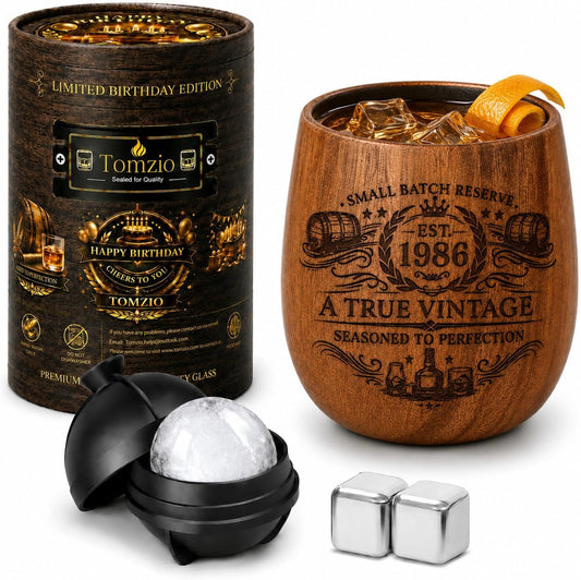 40th Birthday Gifts for Men, Charred Wooden Bourbon Glass Gift Set for Him Dad Husband, Vintage 1986 Birthday Gift with Ice Ball Mold & Whiskey Stones, Unique 40 Year Old Birthday Keepsake