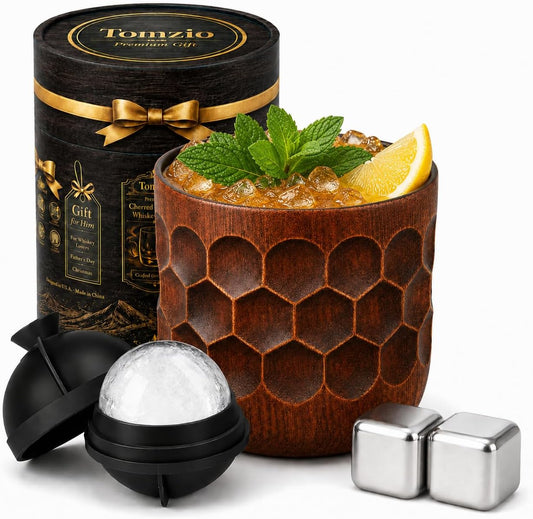 Charred Wooden Whiskey Glasses 11 fl oz Set, 3D Honeycomb Carving | Smoky & Vanilla Notes,Leak Test,large,smoked,Cask-Inspired,Ice Ball Mold & Stones,Premium Acacia Wood,Gift Box,Heavy