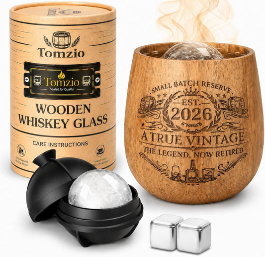 Retirement Gifts for Men 2026 Charred Wooden Whiskey Glass Set 11oz | Permanent Laser Engraved, Shatter Resistant, Ice Ball Mold and Whiskey Stones,Bourbon Tumbler for Dad Boss Coworker Friends